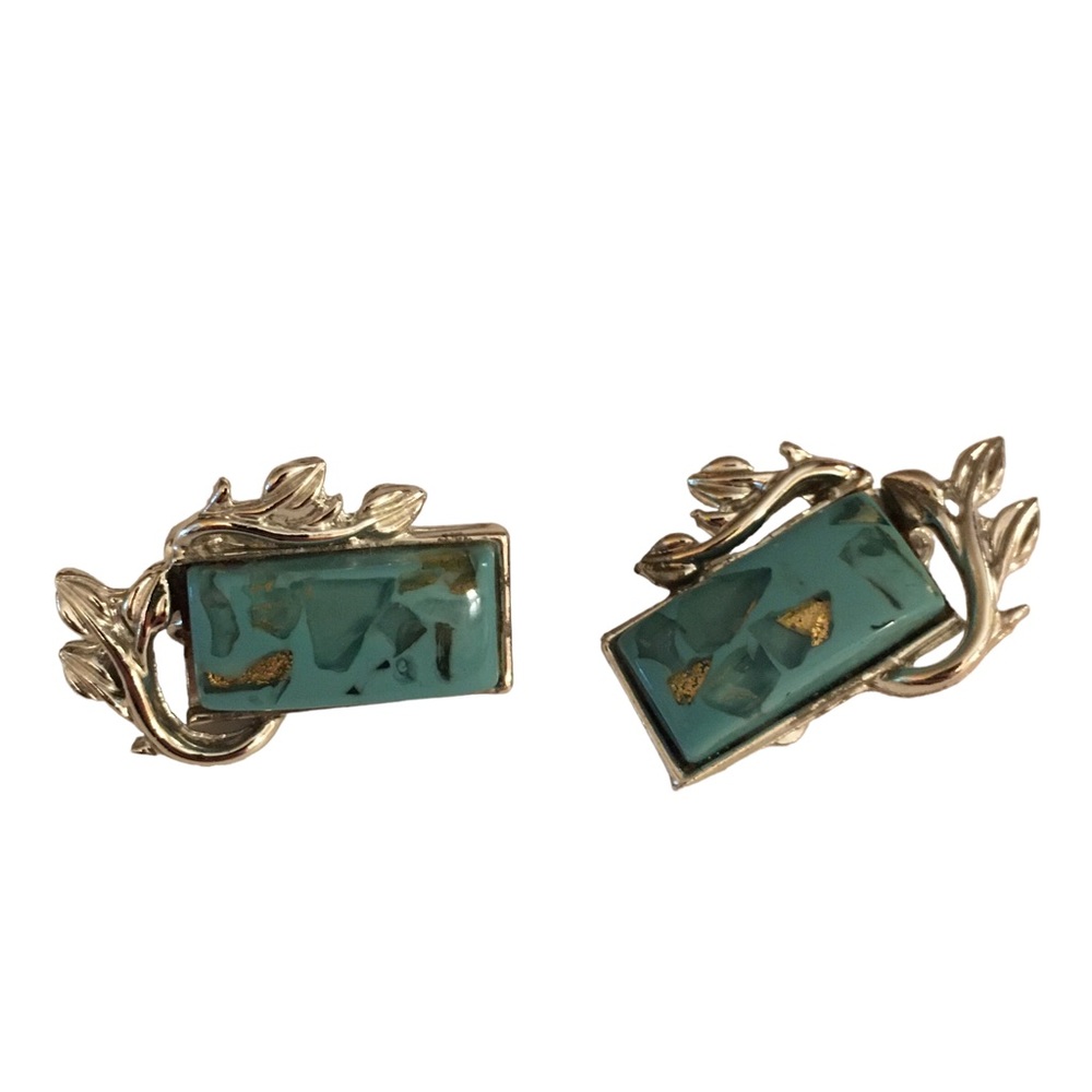 Vintage Coro Confetti Turquoise Lucite Clip On Earrings Gold Flakes Silver Tone - Picture 6 of 8